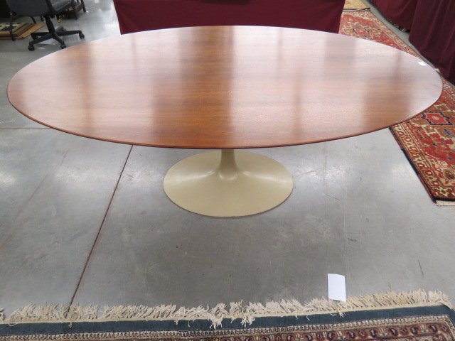 Eero Saarinen Teak "Tulip" Table for Knoll,: 78" oval top (48"wide), dining table, white finish cast metal base, all original, mid-century modern, scarce, very fine condition from a Tryon estate....In 1956, Eero Saarinen addressed the “ugly, c