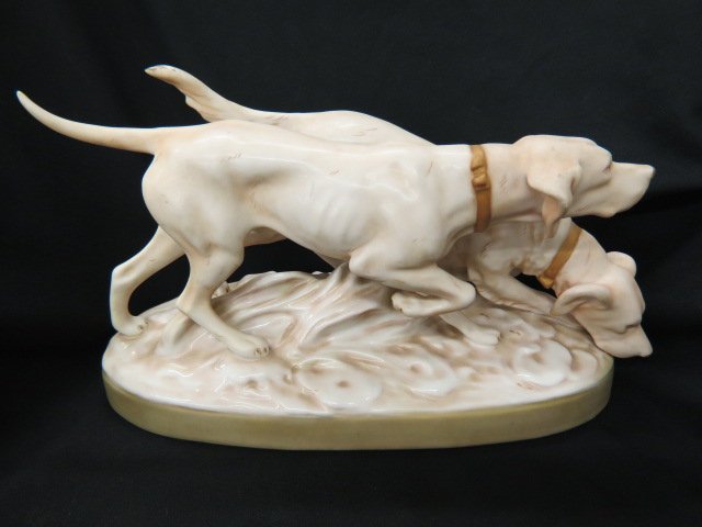 Royal Dux Porcelain Figurine of Two Hunting Dogs,: satin finish, 17" long, 7 1/2" tall, excellent....Royal Dux Porcelain has been produced since 1853, in the small town of Duchcov, located about two hours to the North West of Prague, the capital city 