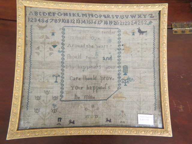 1802 Sampler,: pictorial, alphabet & verse, "Thy Pure, Thy Tender Named Love, Around the Heart Would Twine and my Happiness Your Care Would Prove Your Happiness by Mine", Hannah Marntson (?), with figures, animals, 