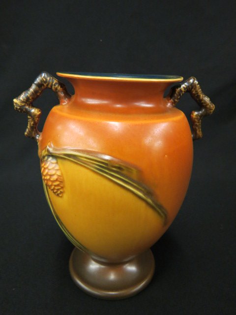 Roseville Pottery "Pinecone" Vase,: brown, #844-8", 1931, excellent..... The Roseville Pottery Company, founded in 1890 in Roseville, Ohio, started producing simple wares like flower pots, umbrella stands and stoneware. It was not until