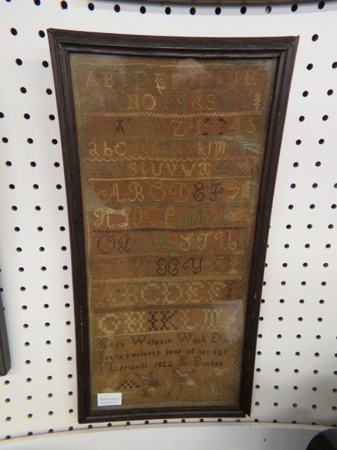 1824 Sampler,: Ellen Weldone, age 12, Morrisville, E. Burton, alphabet with animals & baskets below, 8" x 17".