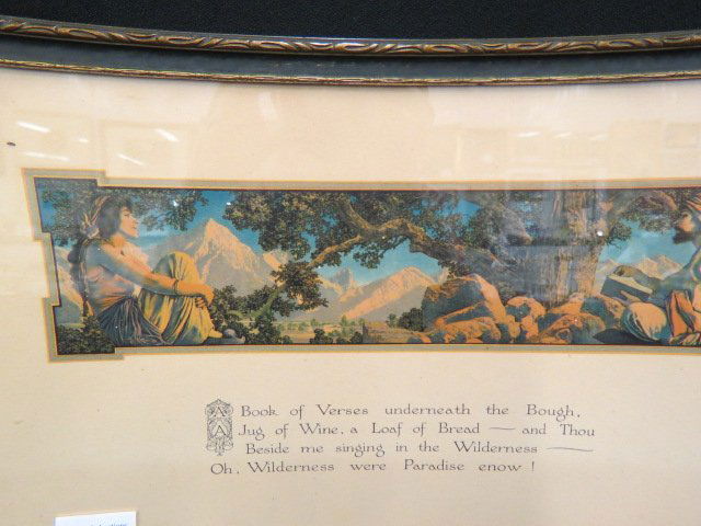 Maxfield Parrish Print "Rubaiyat",: with Omar reading, 1917, 7 1/2" x 18 1/4", all original...Maxfield Parrish (1870 - 1966) was an American painter and illustrator. Born Frederick Maxfield Parrish in Philadelphia, Pennsylvania, he bega