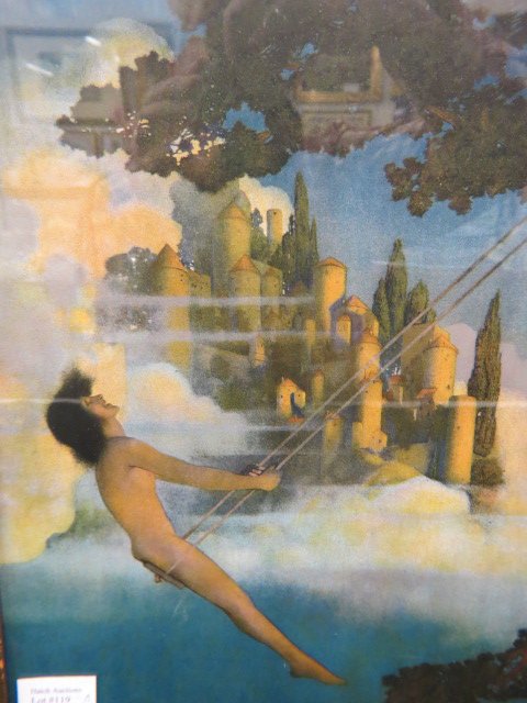 Maxfield Parrish Print "Dinkey Bird",: nude on swing, 10 1/2" x 15", 1905, all original...Maxfield Parrish (1870 - 1966) was an American painter and illustrator. Born Frederick Maxfield Parrish in Philadelphia, Pennsylvania, he began drawi