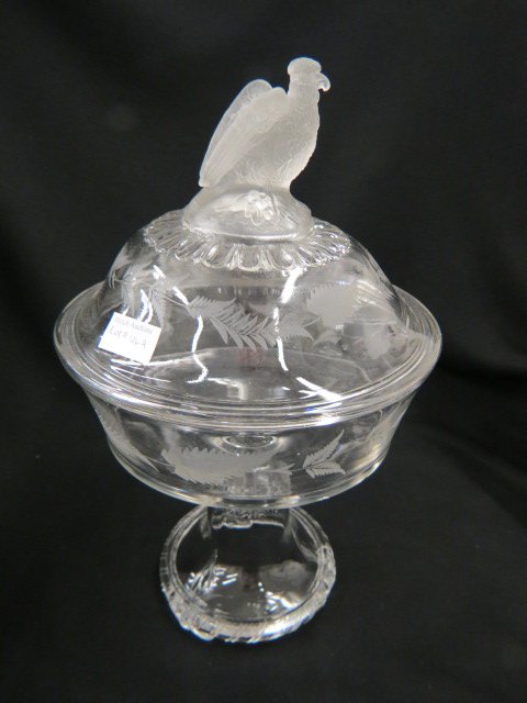 Pattern Glass Compote,: frosted eagle finial, circa 1875, 13" tall, excellent.