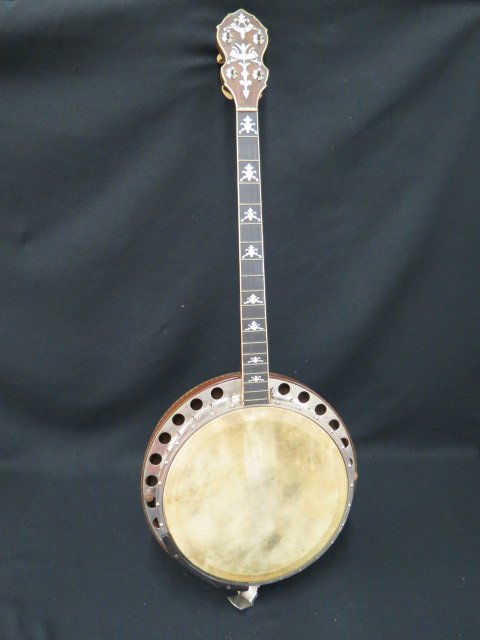 Favilla Style A Banjo,: mother-of-pearl inlay, as found in estate, with case. lacks strings.