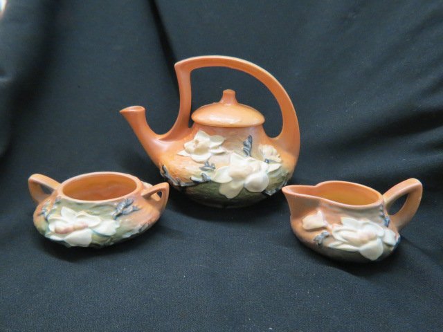 Roseville Pottery "Magnolia" Tea Set,: brown, #4, 7 1/2" pot, 1940's, excellent.