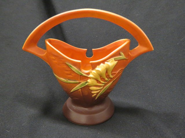 Roseville Pottery "Freesia" Basket,: brown, #390-7", 1945, excellent.