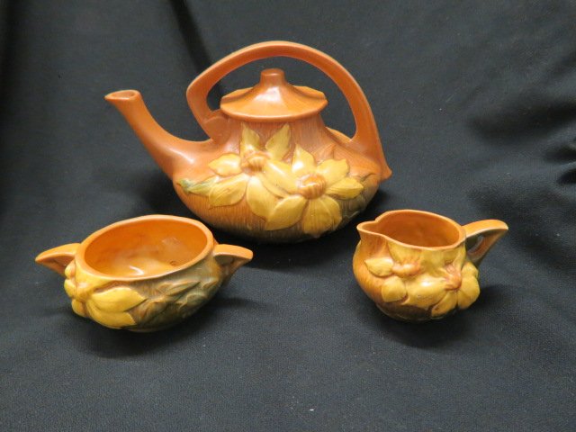 Roseville Pottery "Clematis" Tea Set,: brown, #5, teapot is 7 1/2" tall, 1944, excellent.