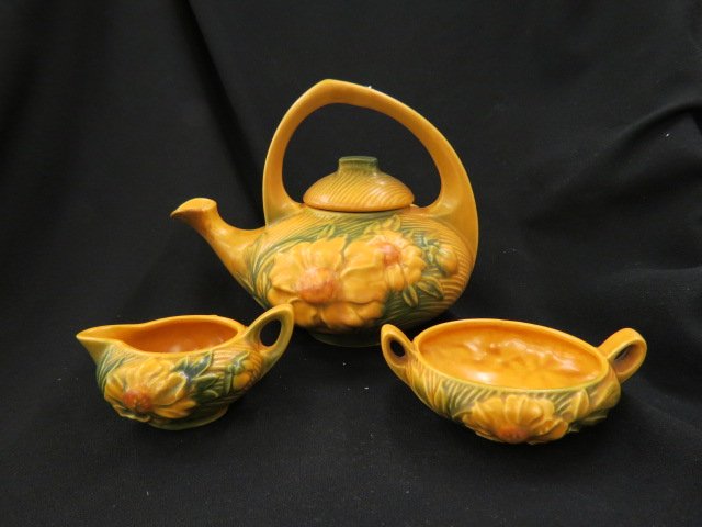 Roseville Pottery "Peony" Tea Set,: brown, #3, teapot is 8 1/2", 1930's, excellent.