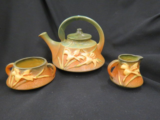 Roseville Pottery "Zephyr Lily" Tea Set,: green & brown, #7, teapot is 6 1/2" tall, 1940's, excellent.
