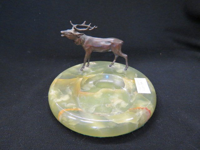 Bronze Elk on Onyx Base,: deco era, dish style, 6" diameter, 3 3/4" tall, excellent.