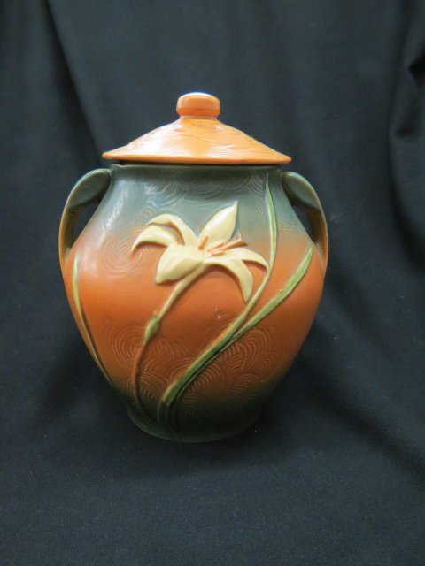 Roseville Pottery "Zephyr Lily" Cookie Jar,: brown & green, #5-8", 10 1/2" tall, excellent.