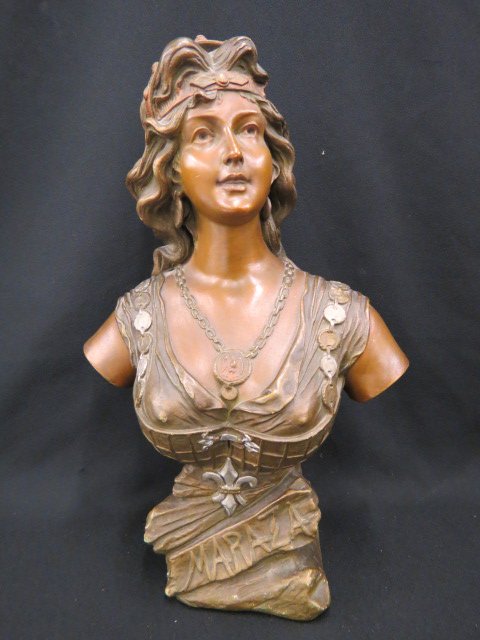 Victorian Bronzed Plaster Bust "Maraza",: French woman, artist signed A. Carli, 1908,18", excellent.