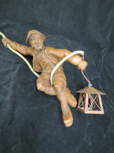 Black Forest Carved Wooden Figural Lamp,: of a mountain climber, 16", original European wiring.