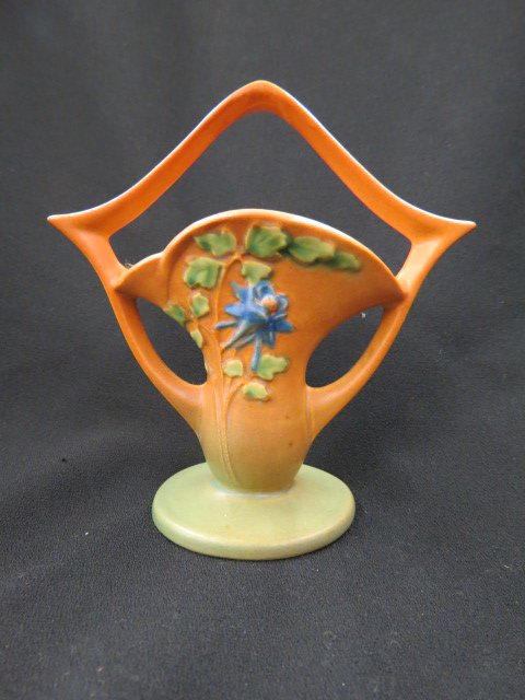 Roseville Pottery "Columbine" Basket,: brown & green, #365-7", 1930's, excellent.