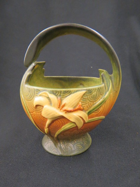 Roseville Pottery "Zephyr Lily" Basket,: green & brown, #393-7", 1940's, excellent.