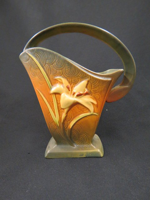Roseville Pottery "Zephyr Lily" Basket,: green & brown, #394-8", 1940's, small repair at base corner