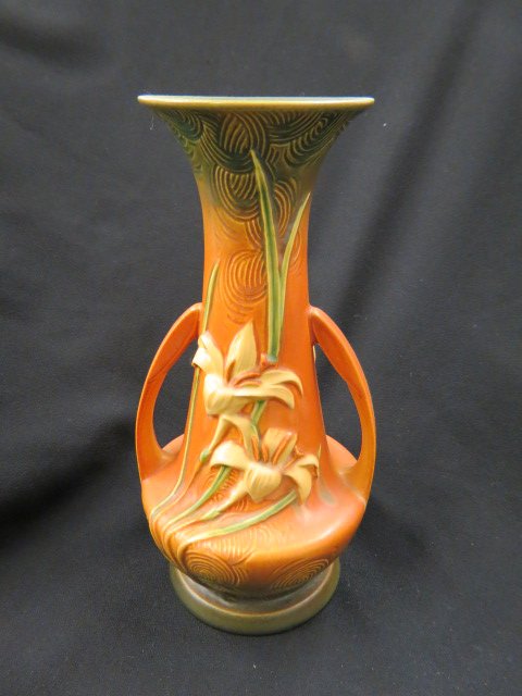 Roseville Pottery "Zephyr Lily" Vase,: brown & green, #140-12", 1940's, excellent.