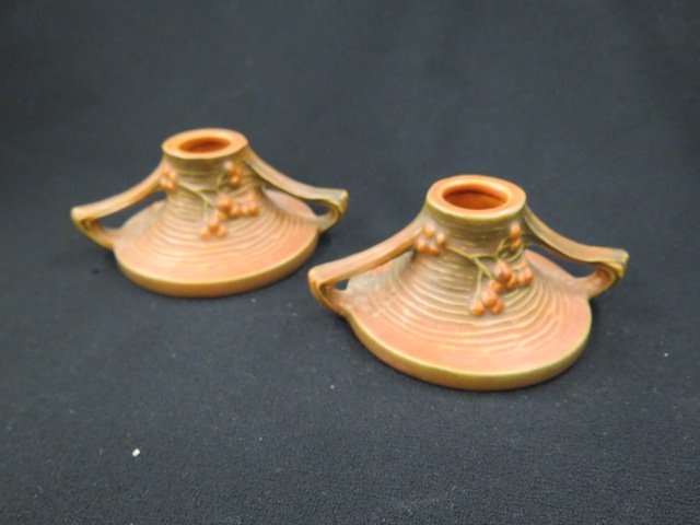 Roseville Pottery "Bushberry" Candleholders,: brown, #1147, 2" tall, 1948, excellent.