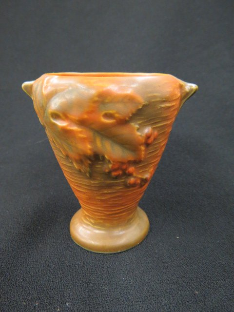 Roseville Pottery "Bushberry" Vase,: brown, #28-4", 1948, excellent.