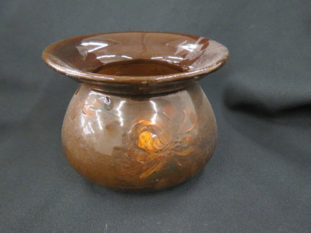 Weller Pottery "Louwelsa" Spittoon,: handpainted floral, 7 1/2" diameter, 5 1/4" deep, tight hairline.