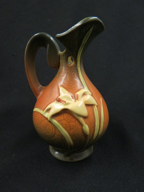 Roseville Pottery "Zephyr Lily" Pitcher or Ewer,: green & brown, #22-6", 1940's, excellent.