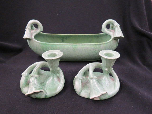 3 pc. RumRill Pottery Console Set,: oblong centerpiece and pair of candleholders, green frog skin glaze, Arts & Crafts style, excellent....Rumrill Pottery was designed by George Rumrill of Little Rock, Arkansas. From 1933 to 1938, it wa