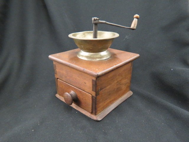 Antique Coffee Mill,: dove-tailed, lower drawer, 6" x 8".
