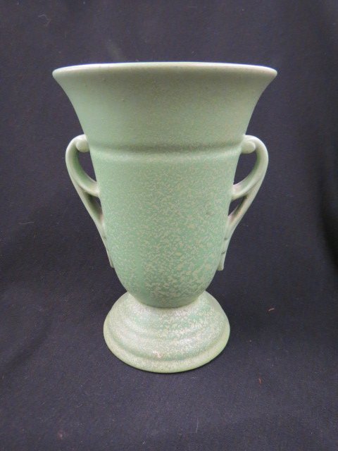 RumRill Pottery Vase,: green frogskin glaze, handled, 9" tall, Arts & Crafts style, unsigned, excellent.Rumrill Pottery was designed by George Rumrill of Little Rock, Arkansas. From 1933 to 1938, it was produced by the Red