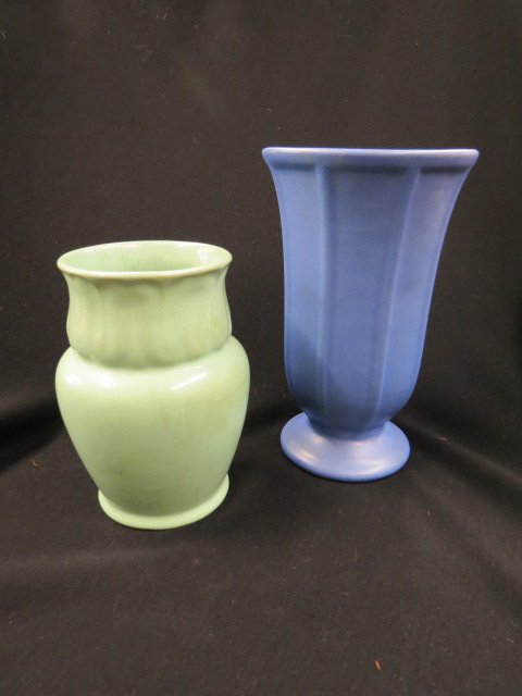2 RumRill Pottery Vases,: green & blue glazes, tallest 8 1/2", green has light crazing, blue is excellent...Rumrill Pottery was designed by George Rumrill of Little Rock, Arkansas. From 1933 to 1938, it was produced by the Red