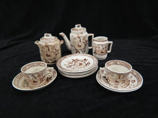 English Ironstone Transferware Child's Dish,: set, 19th century, brown, farm girl design, 13 pcs.