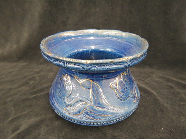 Art Pottery Spittoon,: blue with tulip design trimmed in gold, 7 1/2" diameter, 5 1/2" tall, excellent.