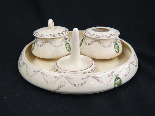 Roseville Pottery "Medallion" Dresser Set,: before 1916, pictured on page 59 of Huxford, 10" nappy with tree, powder box & hair reciever, scarce, hair reciever lid repaired & overall crazing.