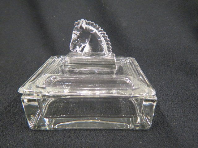 Heisey Glass Box,: figural horse head finial, 3 3/4" x 4 1/2", excellent...The A.H. Heisey Company was formed in Newark, Ohio, in 1895 by A.H. Heisey. The factory provided fine quality glass tableware and decorative gla