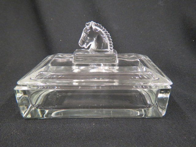 Heisey Glass Box,: figural horsehead finial, 4" x 6 1/4", excellent...The A.H. Heisey Company was formed in Newark, Ohio, in 1895 by A.H. Heisey. The factory provided fine quality glass tableware and decorative glass fi
