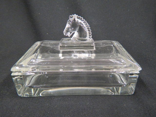 Heisey Glass Box,: figural horse heads finial, 4" x 6 1/4", excellent...The A.H. Heisey Company was formed in Newark, Ohio, in 1895 by A.H. Heisey. The factory provided fine quality glass tableware and decorative glass