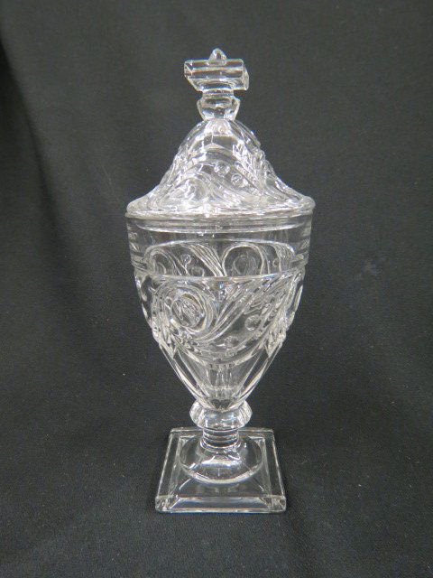 Heisey Glass Jar,: Ipswich pattern, 9 3/4" tall, excellent...The A.H. Heisey Company was formed in Newark, Ohio, in 1895 by A.H. Heisey. The factory provided fine quality glass tableware and decorative glass figurines.