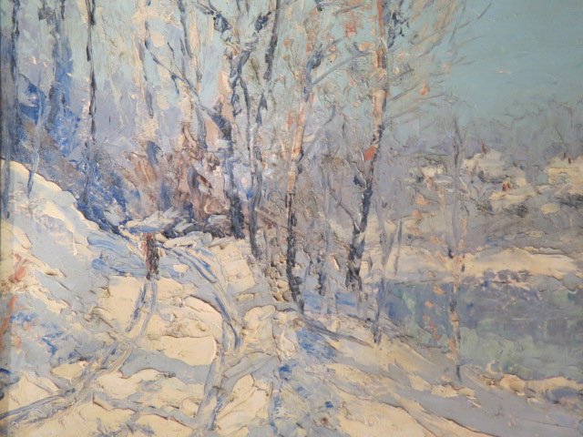Marion Gary Traver, Oil,: Winter landscape, oil on board, Tryon, NC artist, image area 10" x 12", born 1892, died 1964... Born in Elmhurst, New York, she studied art with her father, George Traver. Until his death, she shared 