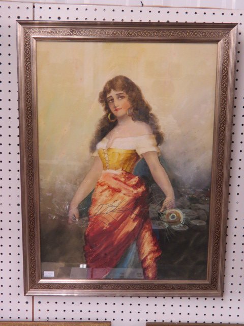 Fine Antique Watercolor of Young Woman,: holding a peacock feather, image area 28" x 20", excellent.