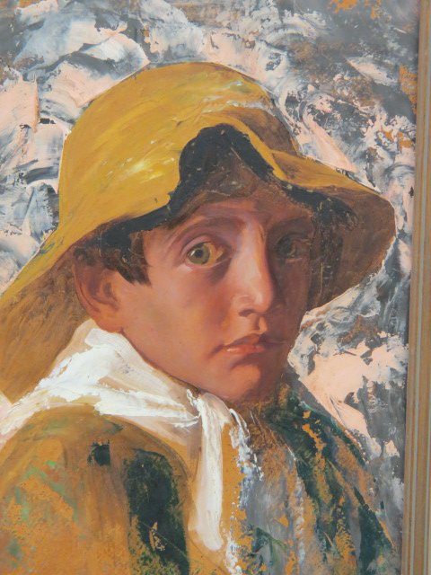 Oil Painting of Young Italian Boy,: wearing yellow hat, 16" x 11".