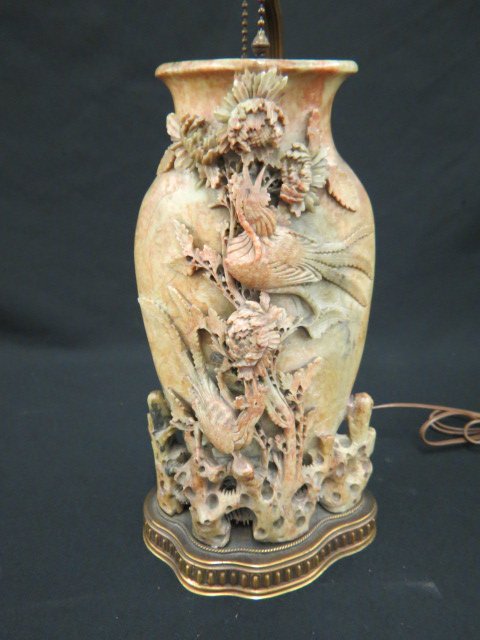 Chinese Carved Soapstone Lamp,: carved bird & floral, circa 1920 vase can by removed from later lamp base if you wish, body is 12 1/2" tall, excellent.