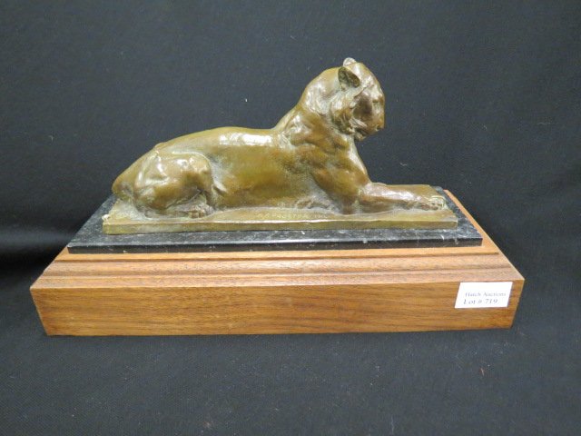 A.P. Proctor Bronze "Princeton Tiger",: marble & wood base, 11 1/4" long, well listed artist... Alexander Phimister Proctor was born in Ontario Canada in 1862 to second generation pioneers. In the spring of 1871 the family moved to Denver, 
