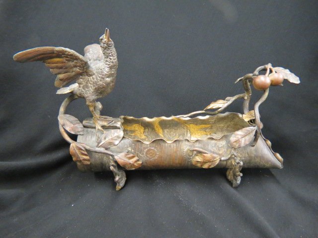Victorian Mixed Metal Figural Centerpiece,: bird & berry decor, 15 1/2" wide, 10" tall, circa 1890.