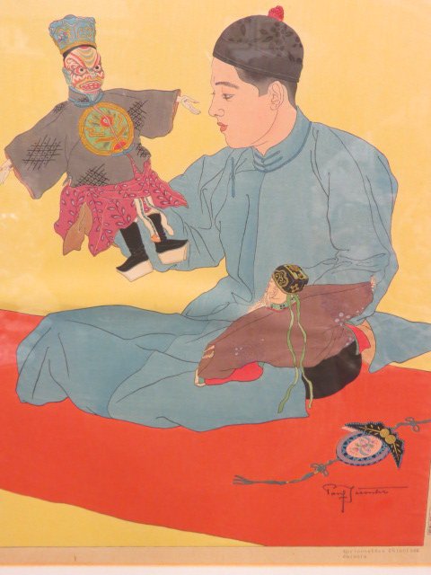 Paul Jacoulet, "Marionettes Chinoise",: woodcut in colors on paper, 1935, image area 18 1/2" x 14 1/2", pencil signed & artist insignia, excellent....Paul Jacoulet is best known for his striking portraits of the natives of Asia and the Sout