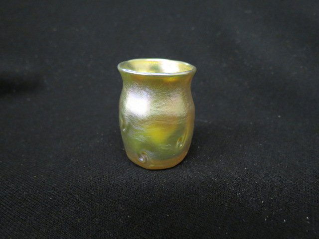 Tiffany Favrile Art Glass Toothpick Holder,: indented swirls, purplish-golden iridescent, 2", signed, excellent.