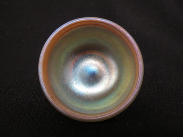 Tiffany Favrile Art Glass Salt Cellar,: golden iridescent, 2 1/2" diameter, signed, excellent.