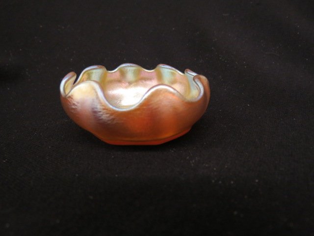 Tiffany Favrile Art Glass Salt Cellar,: wave edge, golden iridescent, 3" diameter, signed, excellent.