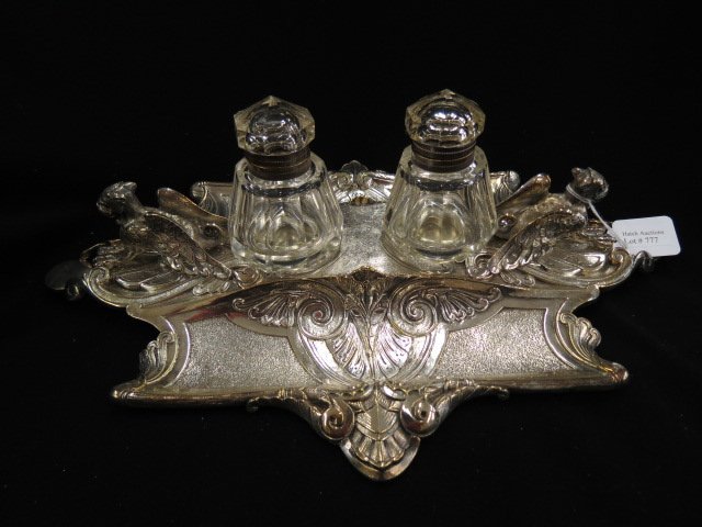 Silverplate Inkstand,: figural winged creatures, double ell, 11" x 15" base.
