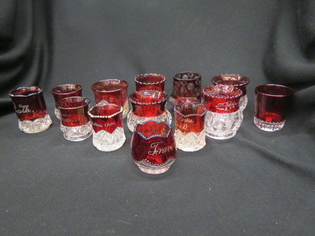 13 Ruby Flashed Glass Toothpick Holders,: souveniers, cut-to-clear and more.