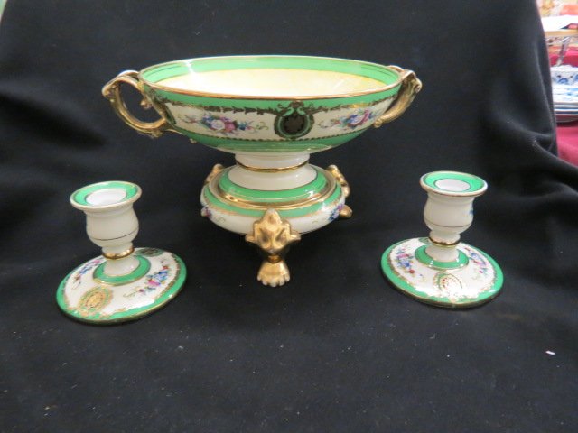 4 pc. Noritake Porcelain Console Set,: 12" handled bowl, footed stand and pair of 4" candleholders, floral with green & gold trim, signed, excellent.